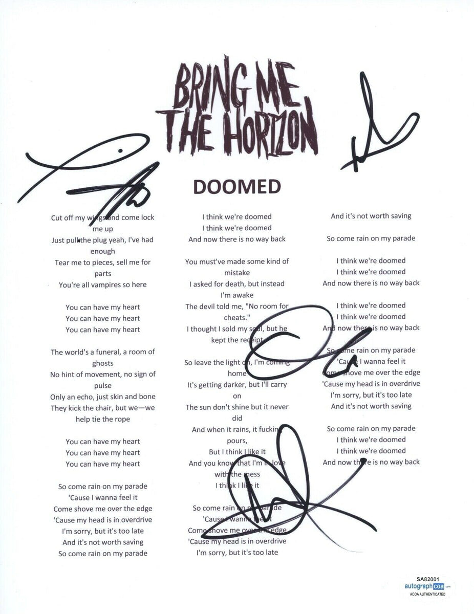Bring Me The Horizon Signed Autographed Doomed Lyric Sheet Oli
