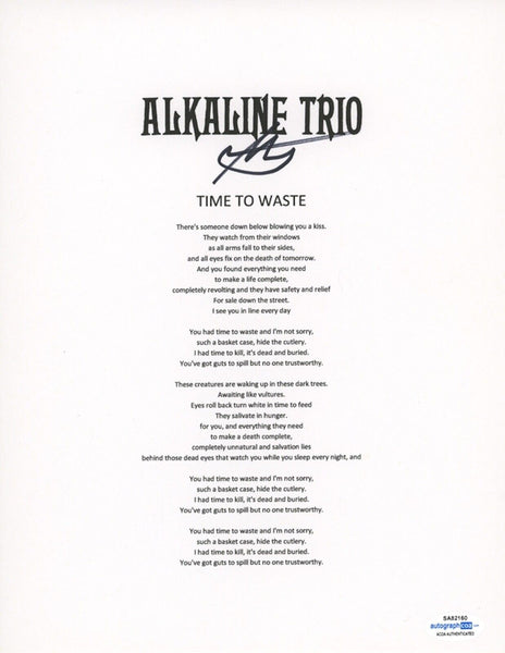 Matt Skiba Alkaline Trio Signed Autograph Time To Waste Lyric Sheet 8.5x11 ACOA