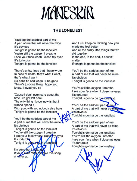 Maneskin Signed Autograph THE LONELIEST 8.5x11 Lyric Sheet Full Band Damiano COA