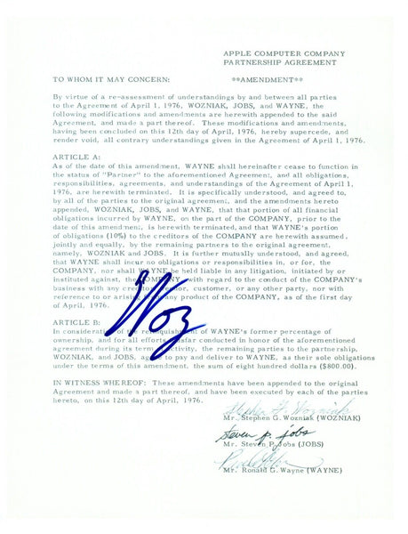 Steve Woz Wozniak Signed 8.5x11 Photo Apple Computer Contract 1976 Autograph COA