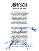 Maneskin Signed Autograph I Wanna Be Your Slave 8.5x11 Lyric Sheet Full Band COA