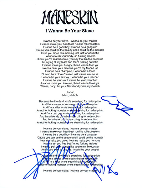 Maneskin Signed Autograph I Wanna Be Your Slave 8.5x11 Lyric Sheet Full Band COA