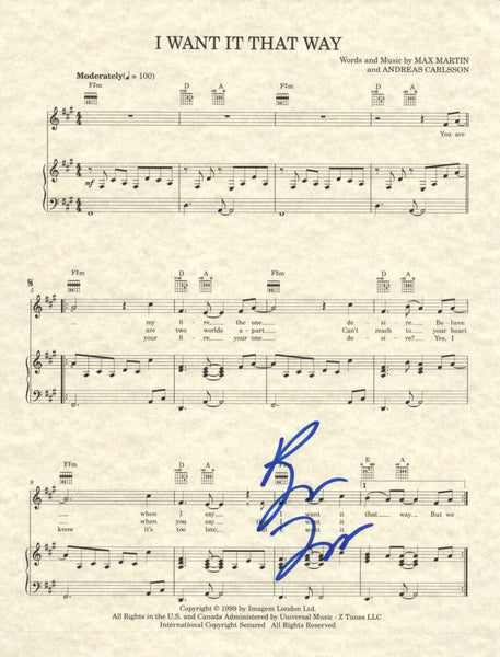 Brian Littrell Backstreet Boys Signed I Want It That Way Sheet Music 8.5x11 COA
