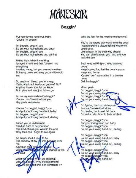 Maneskin Band Signed Autograph BEGGIN 8.5x11 Lyric Sheet Damiano Vic x4 COA