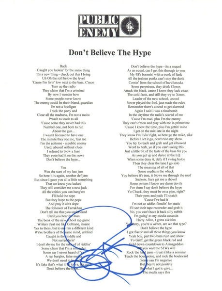 CHUCK D Signed Autograph PUBLIC ENEMY Don't Believe The Hype 8.5x11 Lyrics COA