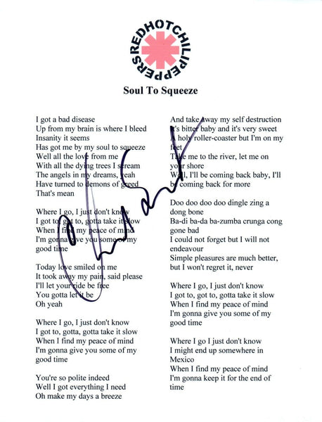 Chad Smith Red Hot Chili Peppers Signed Soul To Squeeze 8.5x11 Lyric Sheet COA