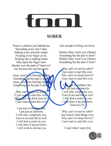 Danny Carey Signed Autograph Tool Sober Song Lyric Sheet 8.5x11 Beckett COA