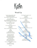 Munky James Shaffer Signed Autographed Korn WORD UP Song Lyric Sheet COA