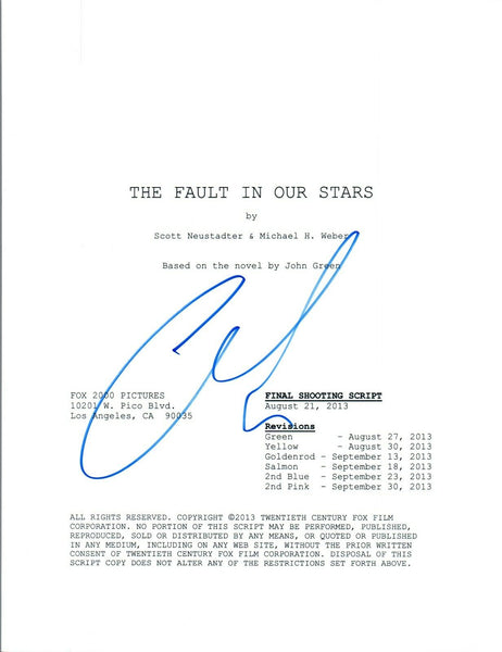 Ansel Elgort Signed Autographed THE FAULT IN OUR STARS Full Movie Script COA