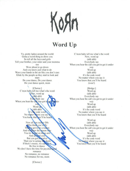 Munky James Shaffer Signed Autographed Korn WORD UP Song Lyric Sheet COA