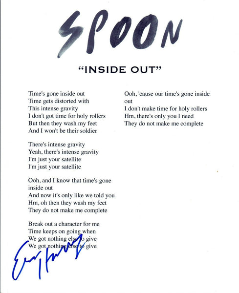Eric Harvey Signed Autographed SPOON "Inside Out" Song Lyric Sheet COA VD