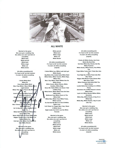 Yo Gotti Signed Autographed All White Song Lyric Sheet Rapper Hip Hop ACOA COA