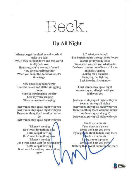 Beck Hansen Signed Autographed UP ALL NIGHT Song Lyric Sheet Beckett BAS COA