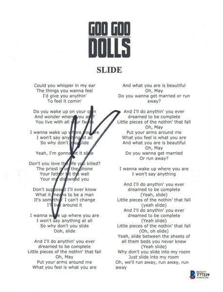 John Rzeznik Johnny Signed Autograph Goo Goo Dolls SLIDE Lyric Sheet Beckett COA