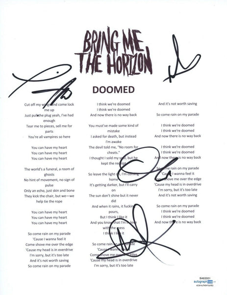 Bring Me The Horizon Signed Autographed Doomed Lyric Sheet Oli