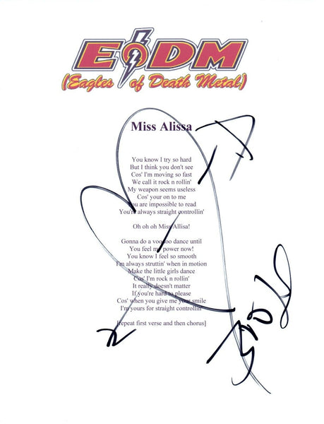 Jesse Hughes Signed Autograph Eagles of Death Metal MISS ALISSA Lyric Sheet COA