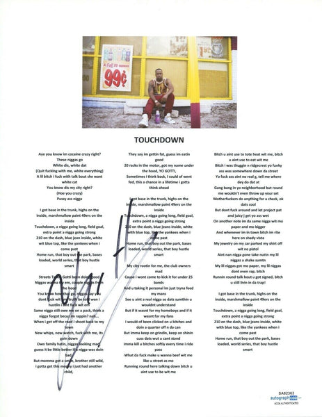 Yo Gotti Signed Autographed Touchdown Song Lyric Sheet Rapper Hip Hop ACOA COA