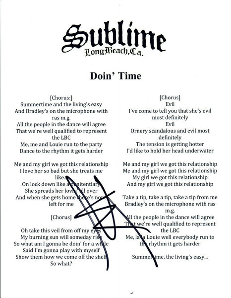 Eric WIlson Signed Autographed Sublime DOIN' TIME Song Lyric Sheet COA