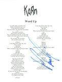 Munky James Shaffer Signed Autographed Korn WORD UP Song Lyric Sheet COA