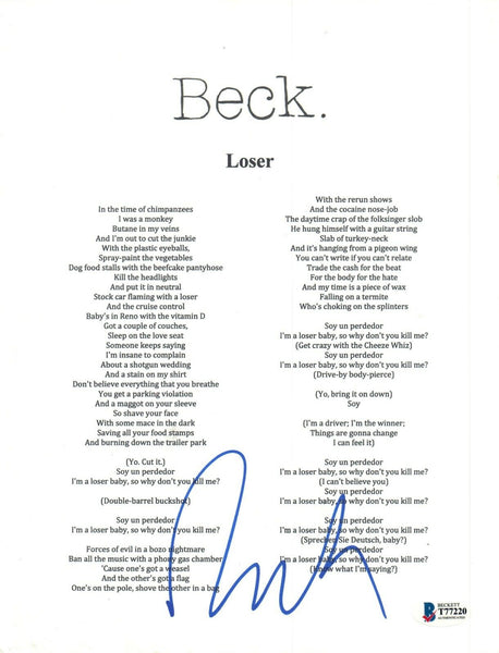 Beck Hansen Signed Autographed LOSER Song Lyric Sheet Beckett BAS COA