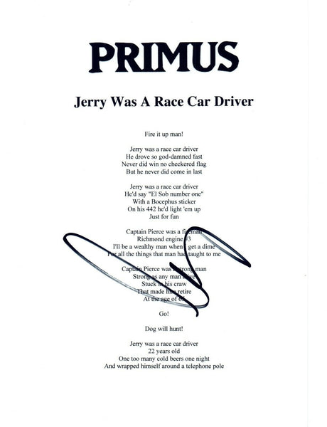 Larry Lalonde Ler Signed Primus Jerry Was A Race Car Driver Song Lyric Sheet COA