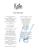 Munky James Shaffer Signed Autographed Korn GOT THE LIFE Song Lyric Sheet COA