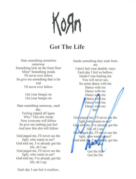Munky James Shaffer Signed Autographed Korn GOT THE LIFE Song Lyric Sheet COA