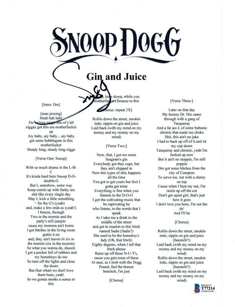 Snoop Dogg Signed Autographed GIN AND JUICE Song Lyric Sheet BAS Beckett COA