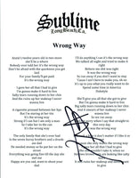 Eric WIlson Signed Autographed Sublime WRONG WAY Song Lyric Sheet COA
