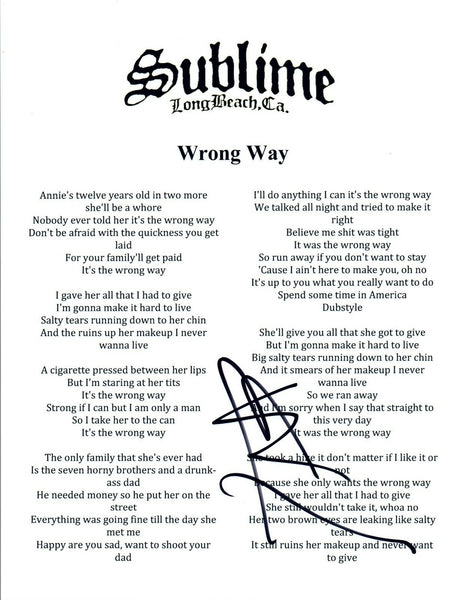 Eric WIlson Signed Autographed Sublime WRONG WAY Song Lyric Sheet COA