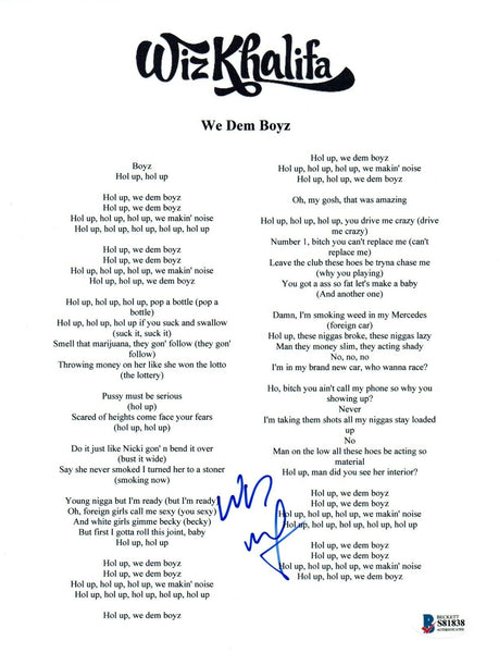 Wiz Khalifa Signed Autographed WE DEM BOYZ Song Lyric Sheet Beckett COA