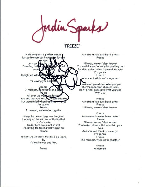 Jordin Sparks Signed Autographed "Freeze" Music Lyric Sheet  COA VD