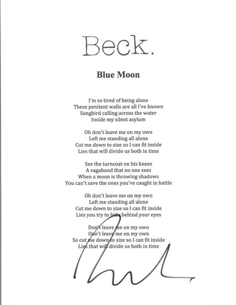 Beck Hansen Signed Autographed BLUE MOON Song Lyric Sheet COA