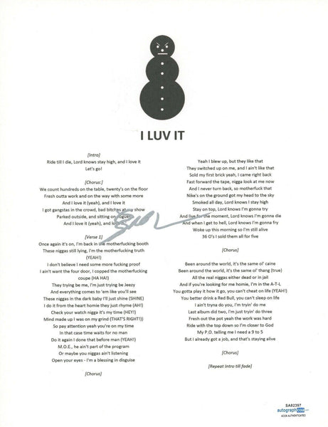 Young Jeezy Signed Autograph I Luv It 8.5x11 Lyric Sheet Hip Hop Rapper ACOA COA