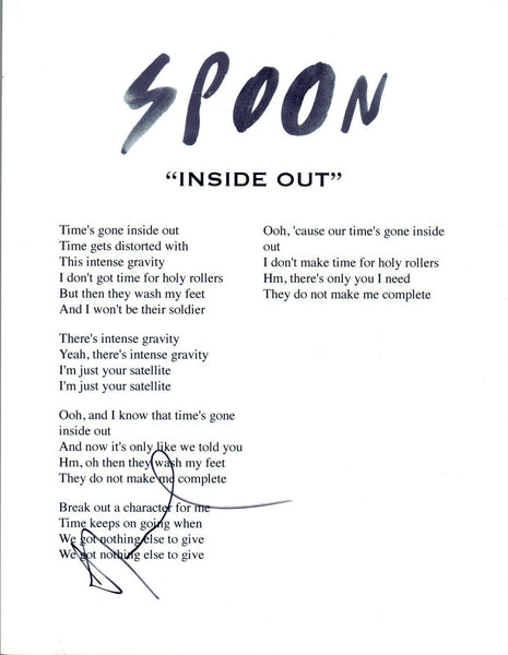 Alex Fischel  Signed Autographed SPOON "Inside Out" Song Lyric Sheet COA VD