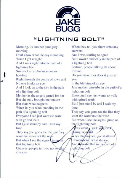Jake Bugg Signed Autographed "Lightning Bolt" Music Lyric Sheet  COA VD