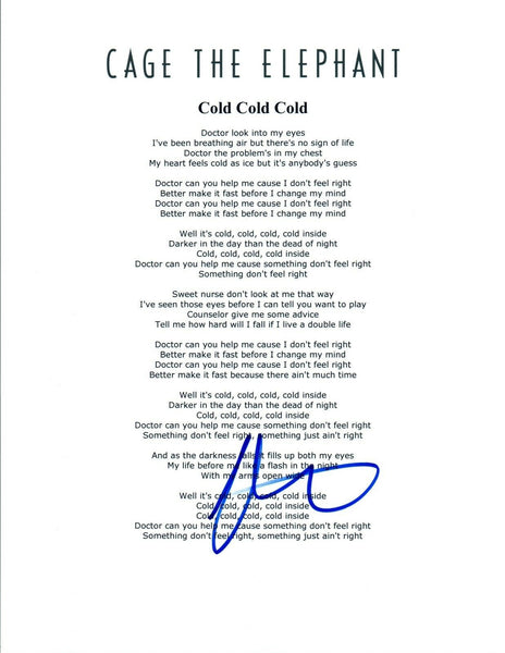 Matt Shultz Signed Autographed Cage The Elephant COLD COLD COLD Lyric Sheet COA