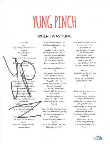 Yung Pinch Signed Autographed When I Was Yung Song Lyric Sheet Rapper ACOA COA