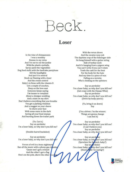 Beck Hansen Signed Autographed LOSER Song Lyric Sheet Beckett BAS COA