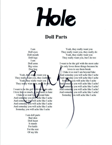 Courtney Love Signed Autographed Hole DOLL PARTS Song Lyric Sheet COA