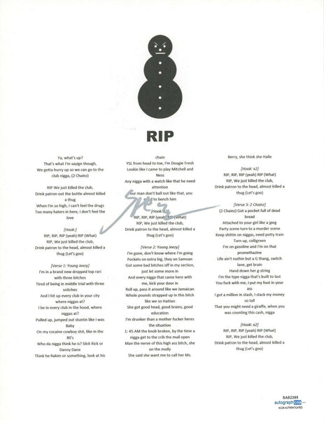 Young Jeezy Signed Autograph RIP 8.5x11 Song Lyric Sheet Hip Hop Rapper ACOA COA