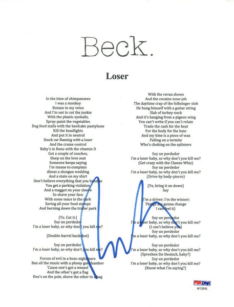 Beck Hansen Signed Autographed LOSER Song Lyric Sheet PSA/DNA COA