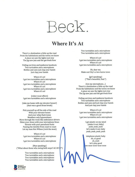 Beck Hansen Signed Autographed WHERE IT'S AT Song Lyric Sheet Beckett BAS COA