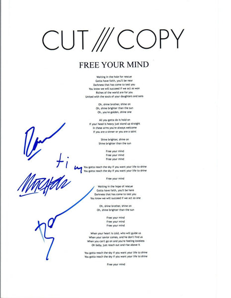 CUT COPY Signed Autographed "Free Your Mind" Lyric Sheet Full Band COA VD