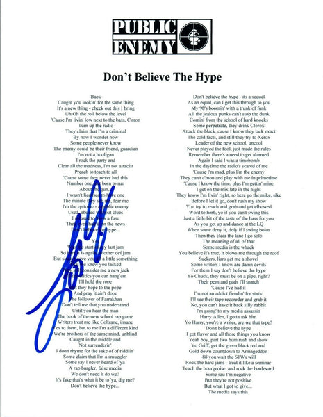 DJ LORD Signed Autographed DON'T BELIEVE THE HYPE Lyric Sheet PUBLIC ENEMY COA