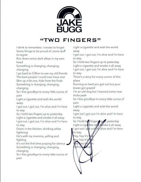 Jake Bugg Signed Autographed "Two Fingers" Music Lyric Sheet  COA VD