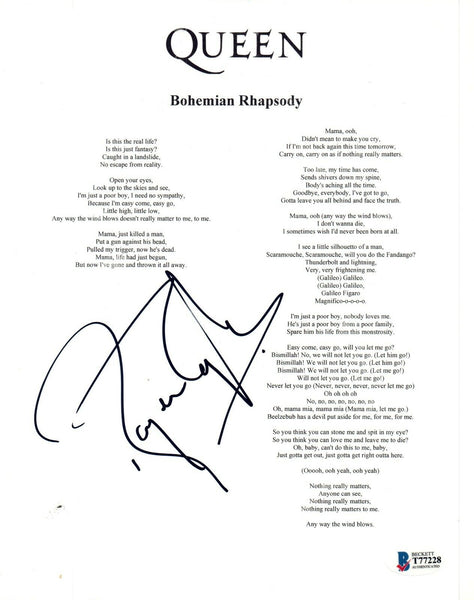 Roger Taylor Signed Autographed BOHEMIAN RHAPSODY Lyric Sheet Beckett BAS COA