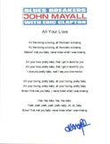 John Mayall Signed Autographed The Bluesbreakers ALL YOUR LOVE Lyric Sheet COA