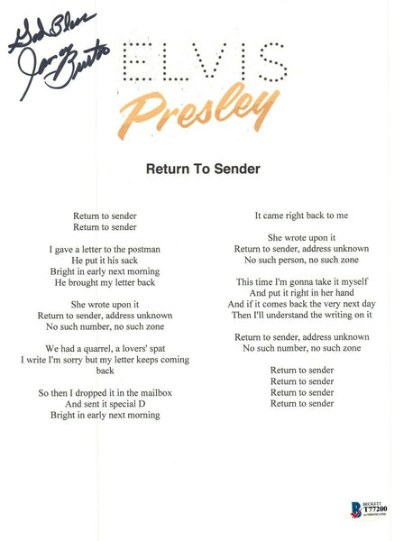 James Burton Signed Elvis Presley RETURN TO SENDER Lyric Sheet Beckett BAS COA