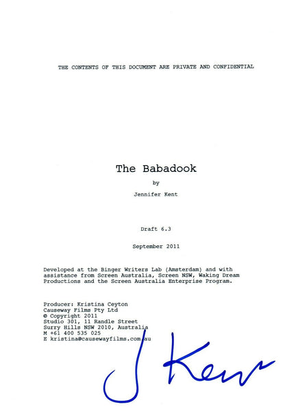 Jennifer Kent Signed Autographed The Babadook Movie Script COA